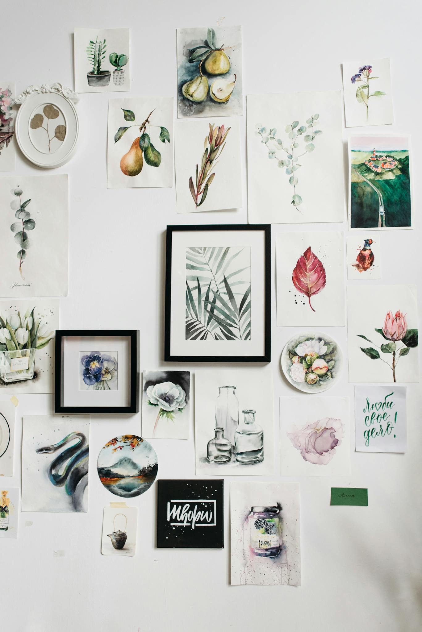 A wall decorated with watercolor art and framed paintings showcasing varied botanical and abstract designs.