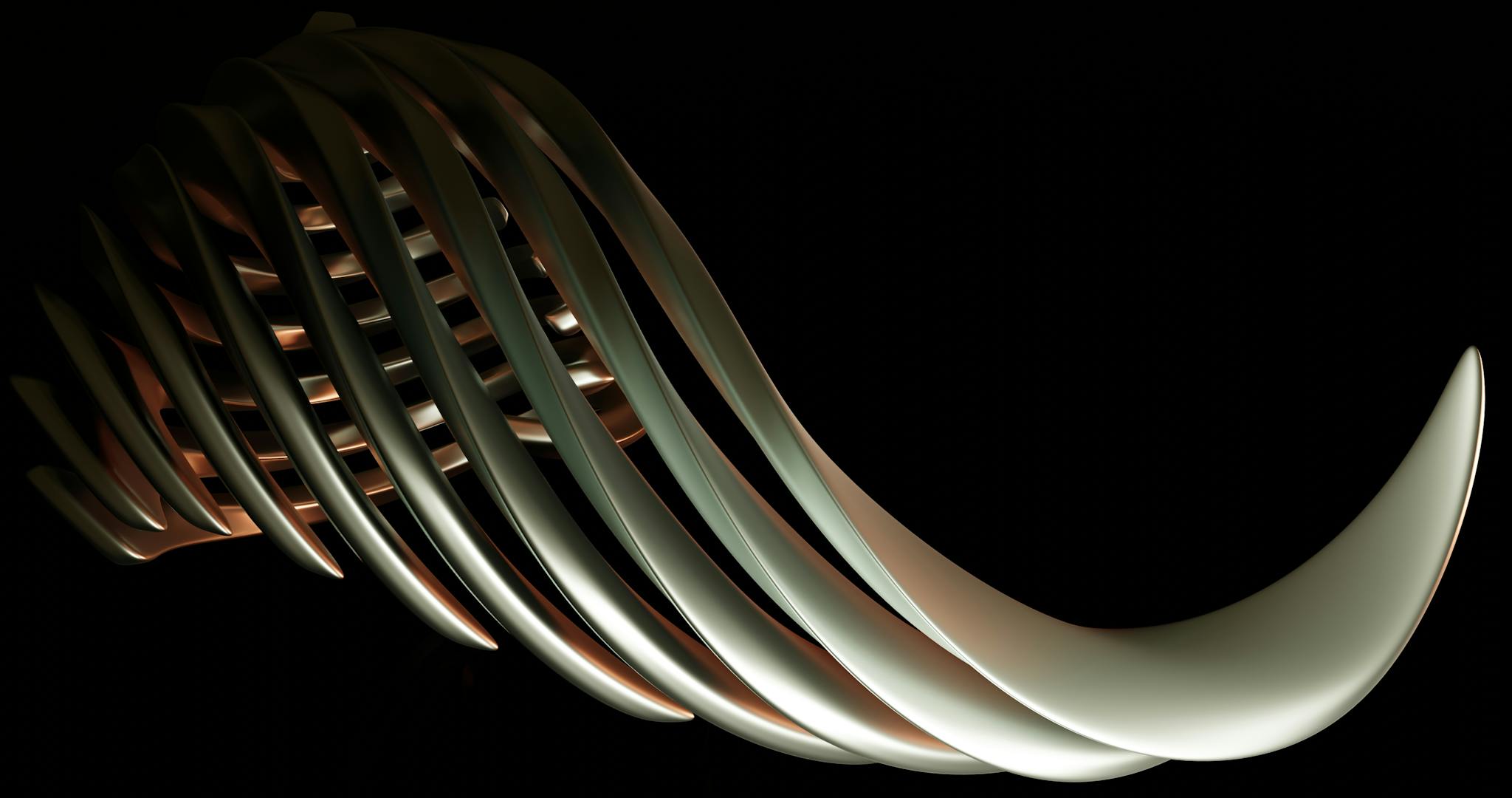 Abstract metallic structure with elegant curves on a dark background, emphasizing modern design.