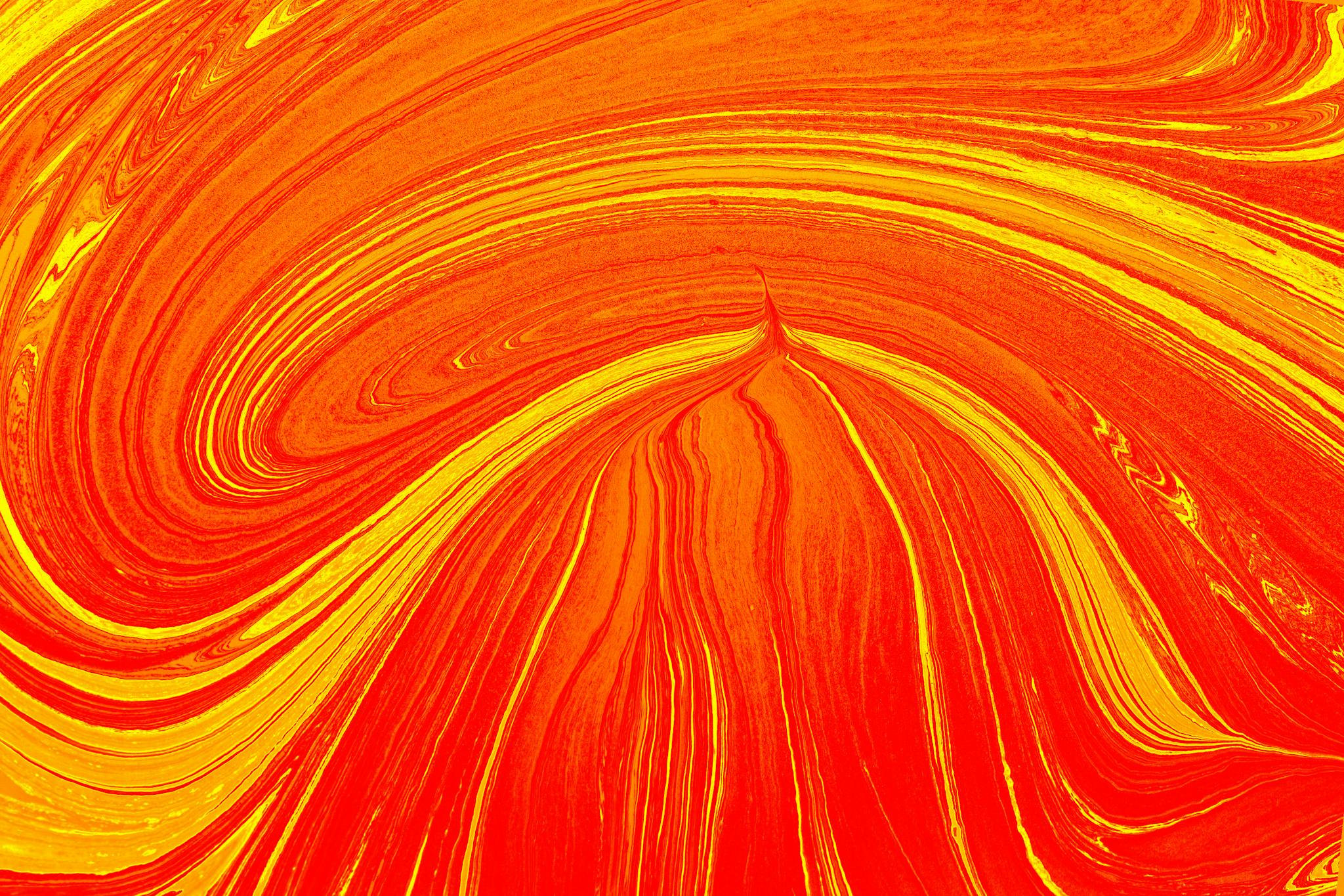 Dynamic abstract painting featuring vibrant orange and yellow swirling patterns, creating an eye-catching visual.