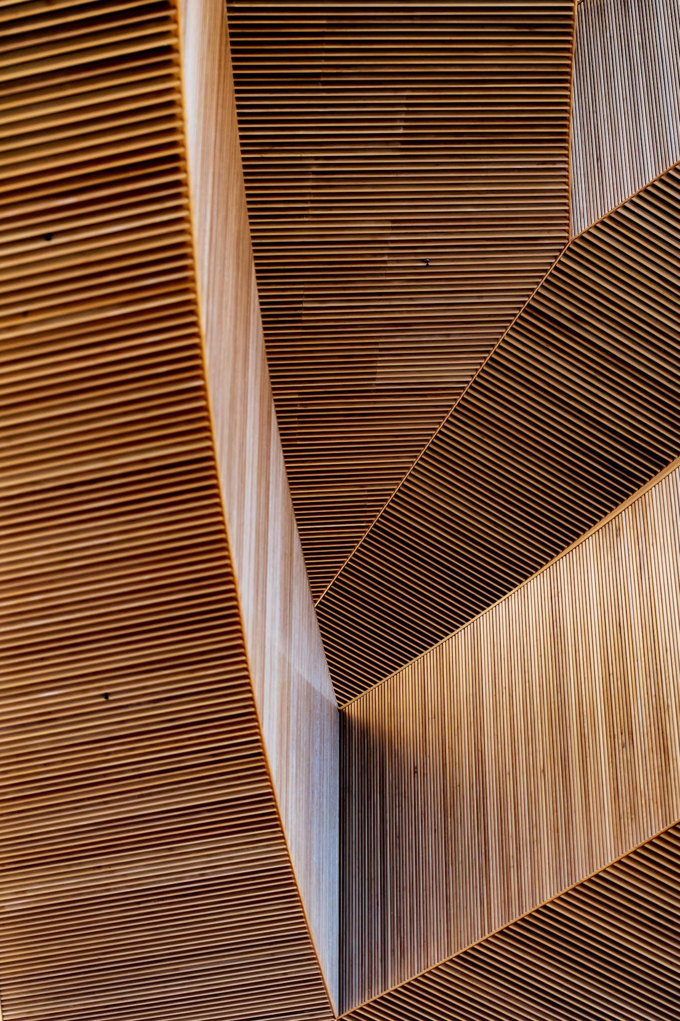 Vertical shot displaying intricate modern wooden structures with abstract shapes and patterns.